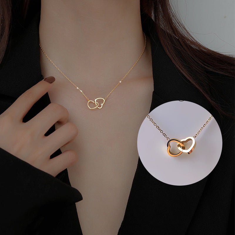 Korean version of titanium steel 18k gold double-ring love clavicle chain